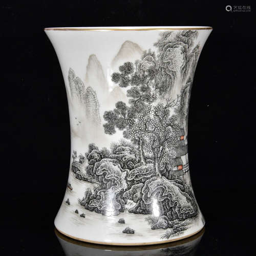 Chinese Porcelain Brush Pot With Landscape Scene