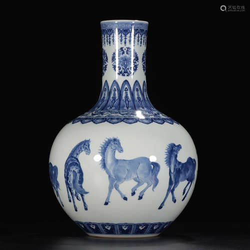 Chinese Blue White 8 Horse Bottle Porcelain Vase