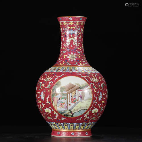 Chinese Famille Rose Carmine Red Porcelain Vase