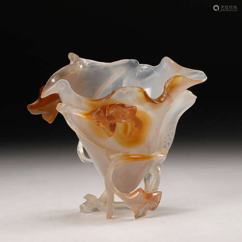 Chinese Agate Carved Lotus Leaf Cup