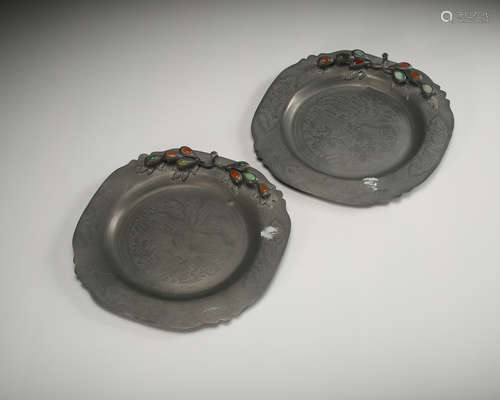 Chinese Pewter Plates, Pair