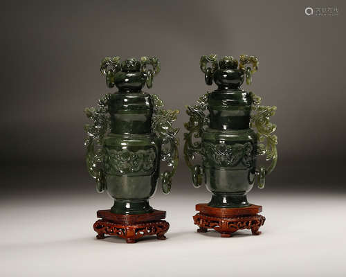 Chinese Spinach Jade Vases, Pair