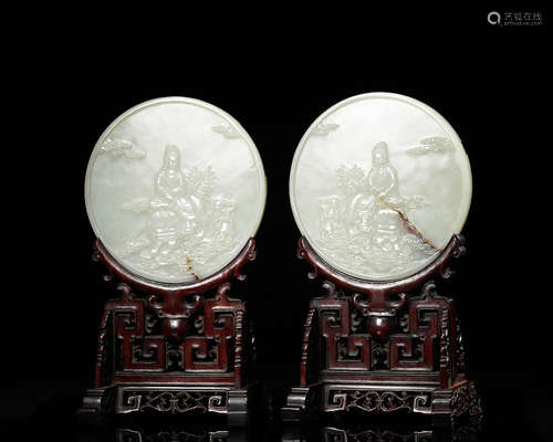 Chinese White Jade Buddhist Motif Plaque Table Scr