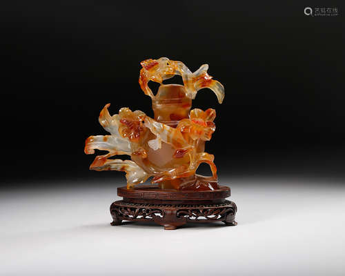 Chinese Agate Carved Flowers And Birds