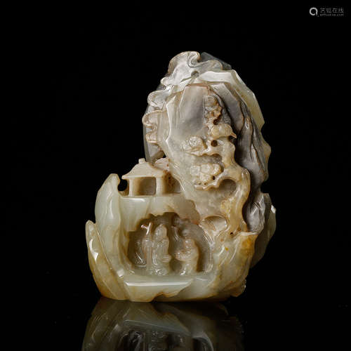 Chinese Gray And White Jade Landscape Boulder