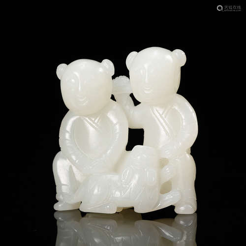 Chinese White Jade Carved Two Boys