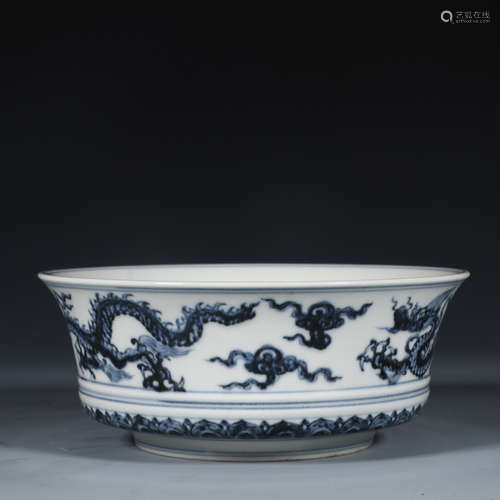 Chinese Blue White Dragon Porcelain Bowl, Marked