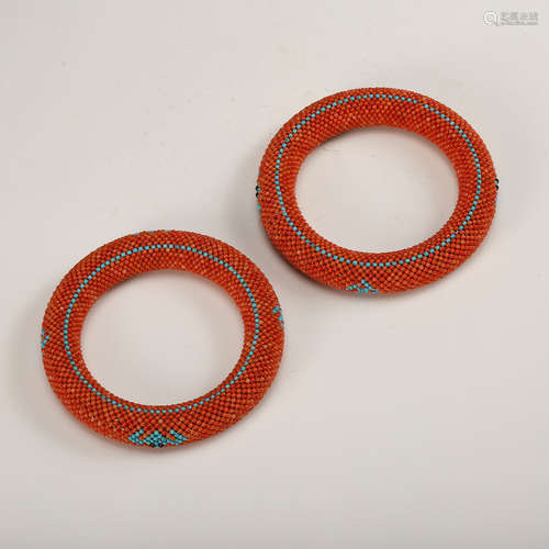 Chinese Coral Beads Bangles, Pair