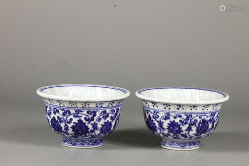 Chinese Blue White Foliage Porcelain Bowls, Pair