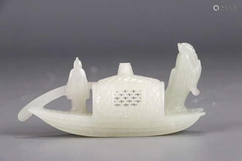 Chinese White Jade Carved Fishing Boat