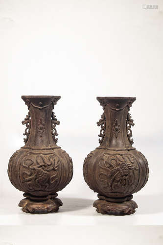 Chinese Agarwood Carved Vases, Pair