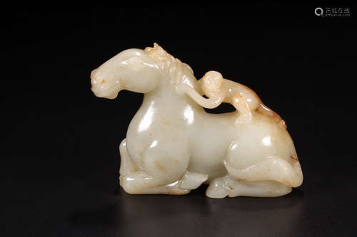 Chinese Celadon Jade Monkey On Horseback