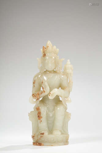 Chinese White Jade Carved Seated Guanyin