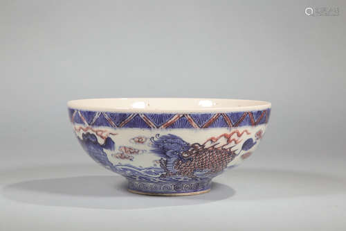 Chinese Blue White Iron Red Sea Beast Porcelain Bo