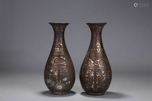 Chinese Partial Gilt Bronze Vases, Pair