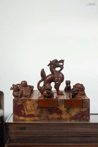 Chinese Huangyang Wood Carved Dragon Seal