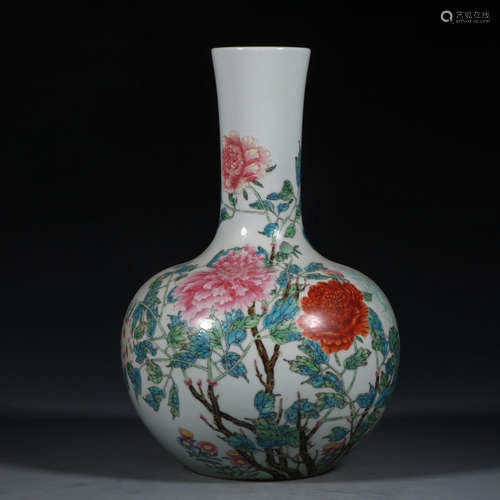 Chinese Famille Rose Porcelain Bottle Vase, Marked