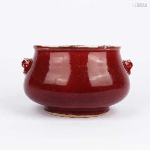 Double lion ear furnace with red glaze of ox blood in the middle of Qing Dynasty
