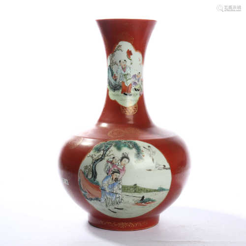 Appreciation bottle with chicken blood red glaze, famille rose and figure decoration in the middle of Qing Dynasty