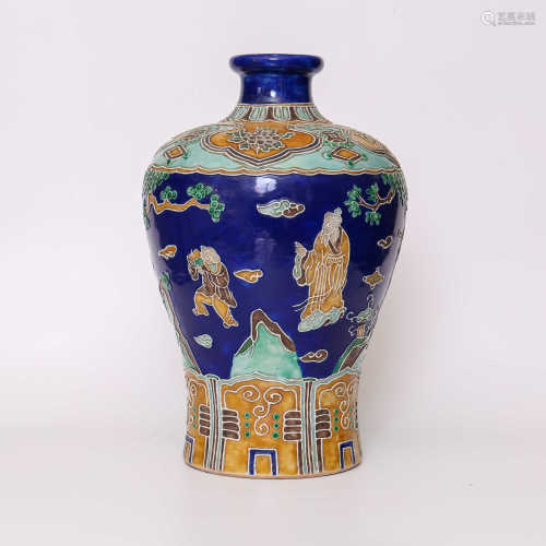 Plum vase decorated with seasonal blue glaze and famille rose