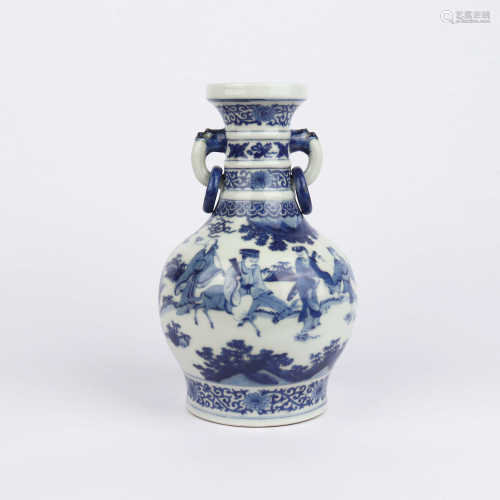 Double eared bottle decorated with blue and white figures in Qianlong period of Qing Dynasty
