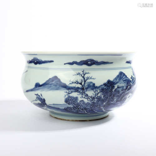 Blue and white figures landscape decoration furnace in the middle of Qing Dynasty