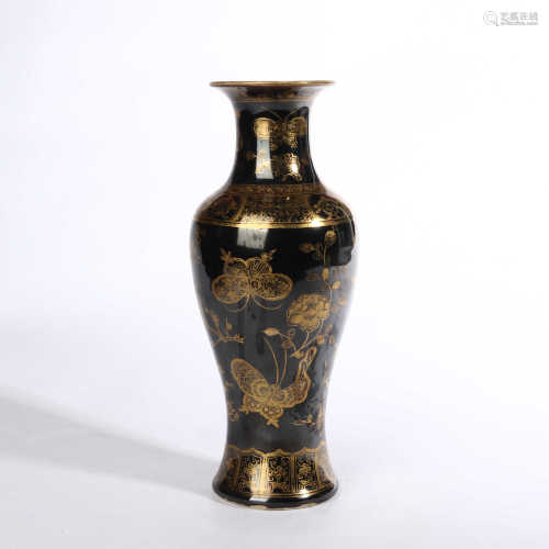 Guanyin vase decorated with black gold glaze and butterfly pattern in the middle of Qing Dynasty