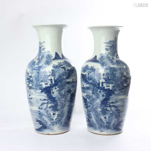 A pair of large Guanyin bottles decorated with blue and white landscape patterns in Qianlong
