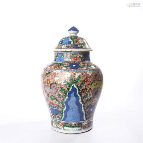 General pot decorated with colorful flowers and horses in early Qing Dynasty