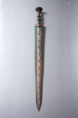 Chinese Bronze Sword Gold And Silver Painted