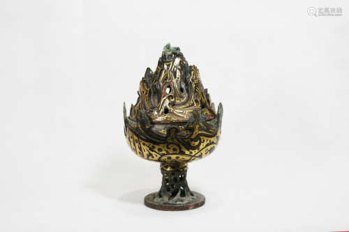 Chinese Rare Early Period Exquisite Bronze Gold Gilded Incense Burner
