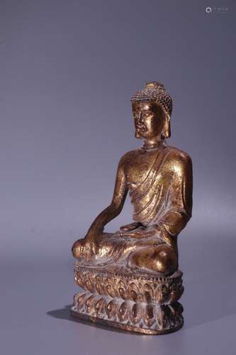 A Chinese Rosewood Buddha With Golden Painting