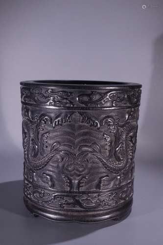 A Chinese Rosewood Brush Pot Of Dragon Carving