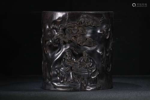 A Chinese Rosewood Brush Pot Of Story Carving