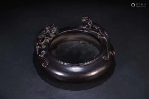 A Chinese Rosewood Brush Washer Of Dragon Carving