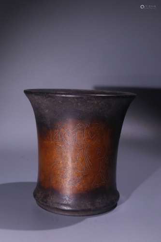 A Chinese Bronze Brush Pot Of Story Gilt Silver