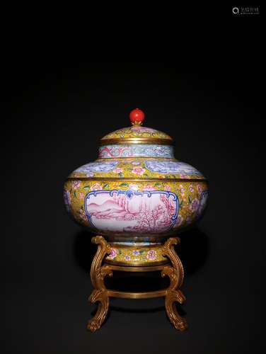 A Chinese Bronze Enameled Censer Of Landscape With Gilt Bronze Base