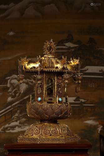 A Chinese Gilt Silver Pagoda Embeded Gems With Dragon Carving