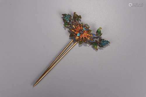 A Chinese Gilt Silver Enameling Blue Hairpin