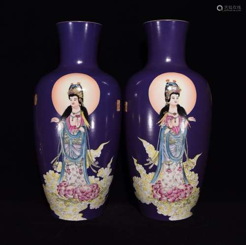 Pair Of Chinese Porcelain Purple Glazed Famille Vases Of Guanyin Painting