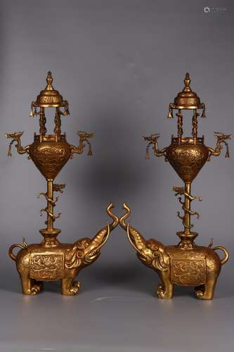 Pair Of Chinese Gilt Bronze Ornaments Of Elephant Shaped