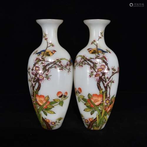 Pair Of Chinese Colored Glaze Enameled Vases Of Floral&Bird
