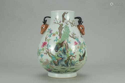 A Chinese Porcelain Famille Rose Vase Of Deer Painting