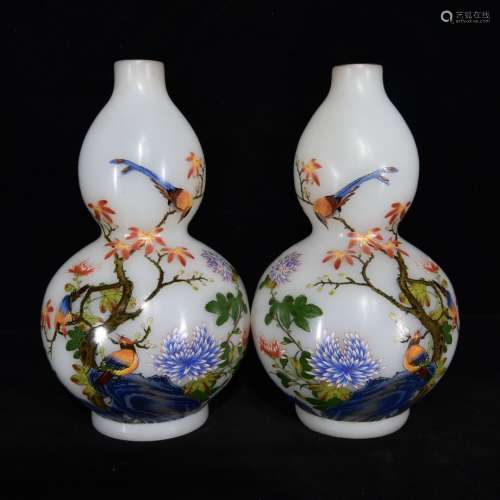 Pair Of Chinese Colored Glaze Enameled Gourd Vases Of Floral&Bird