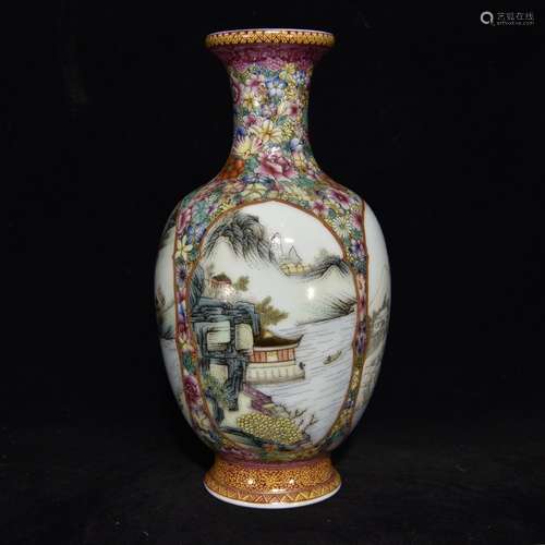 A Chinese Porcelain Famille Rose Vase Of Landscape Painting