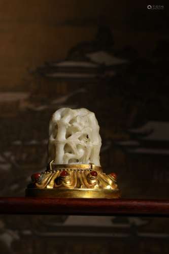 A Chinese Hetian Jade Censer With Gilt Bronze Base