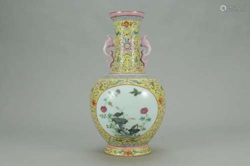 A Chinese Porcelain Yellow Glaze Famille Rose Of Floral&Bird