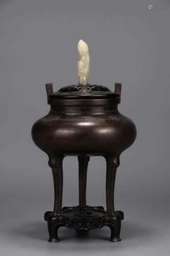 A Chinese Bronze Tripod Censer Embeded Jade