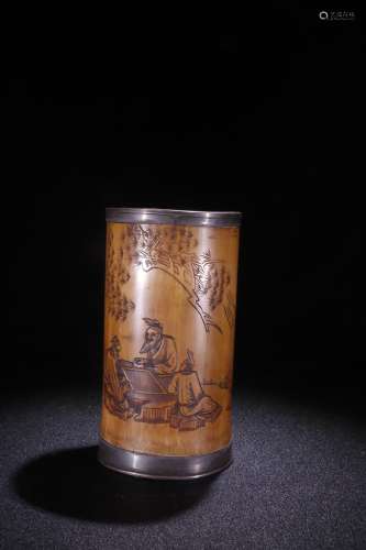 A Chinese Bamboo Brush Pot Embeded Silver Of Story Carving