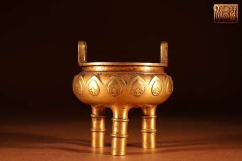 A Chinese Gilt Bronze Censer With Lotus Carving